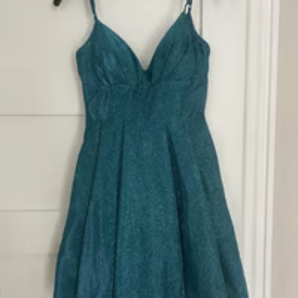 B. Darlin Juniors Size 2/3 Glitter Party Fit & Flare Dress, TEAL COLOR